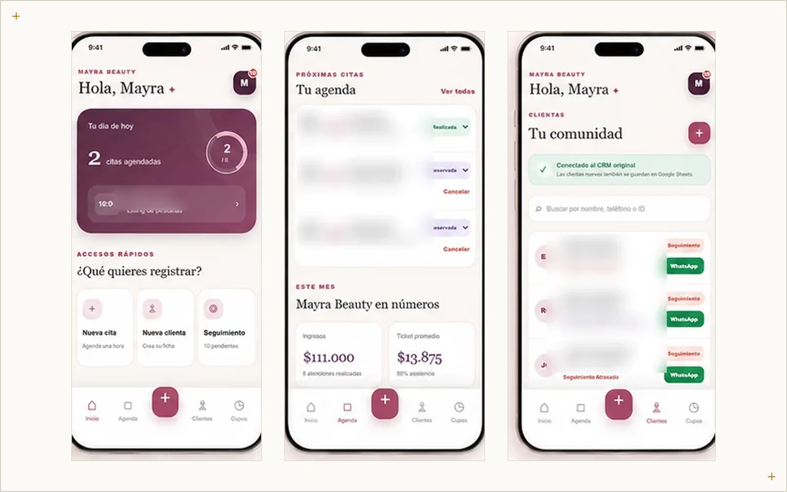 Pantallas del CRM de Mayra Beauty: agenda, ficha de clientas y métricas del negocio. Los nombres de las clientas están difuminados por privacidad.