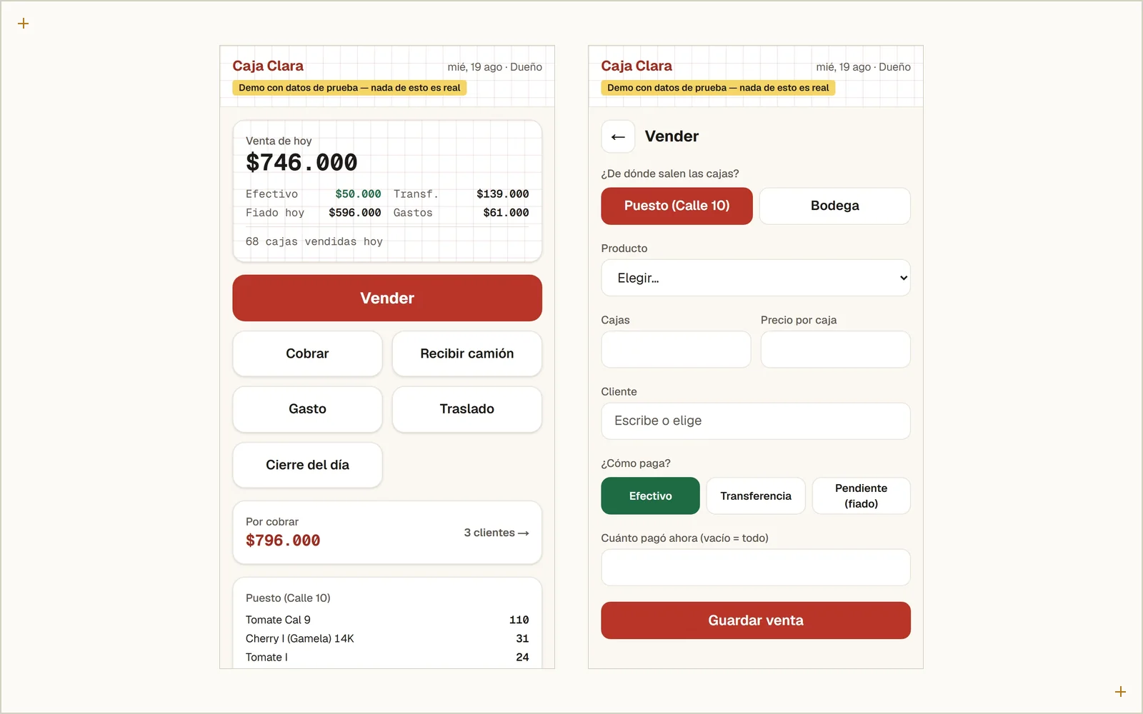 App de Caja Clara en el celular: el cierre del día con venta, fiado y gastos, y la pantalla para registrar una venta. Las cifras son datos de demostración.