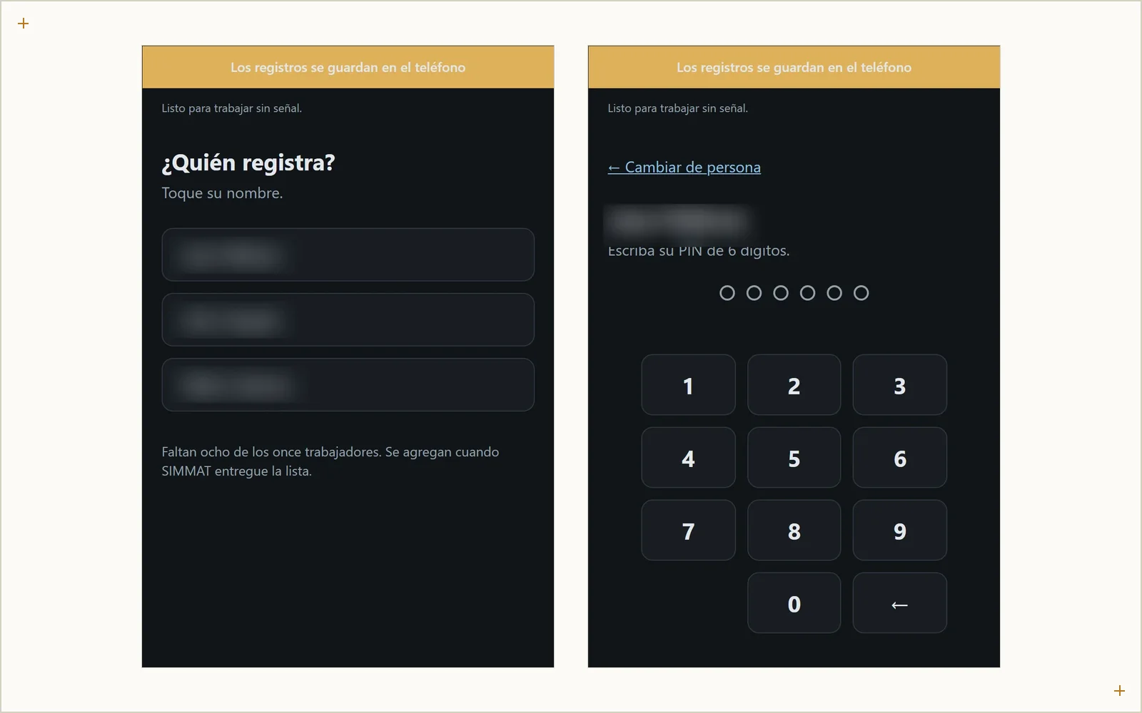 App de terreno de SIMMAT en el celular: el operador elige su nombre y entra con un PIN, lista para registrar sin señal. Los nombres están difuminados por privacidad.